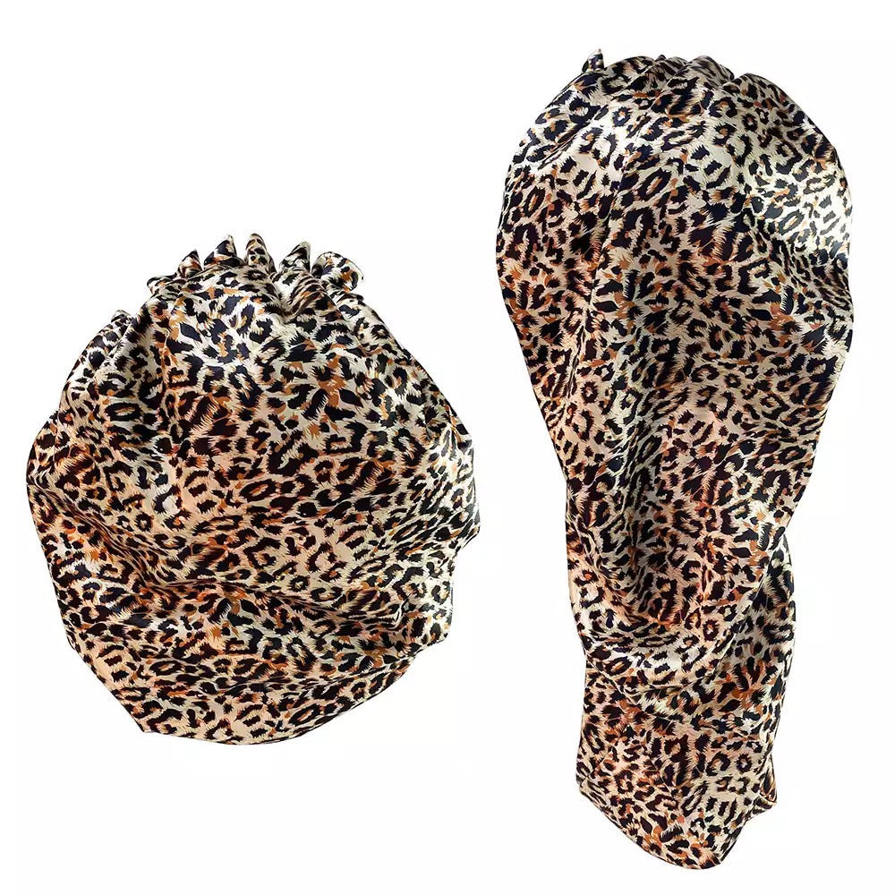 Leopard Print Double Layer Silk Bonnet W/ Adjustable Elastic Band