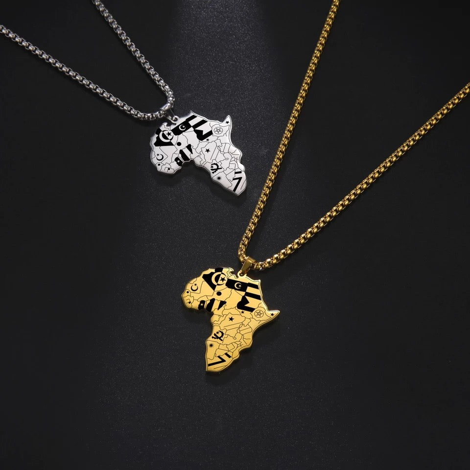 Africa Map Black/Gold W/ National Flags Nacklace