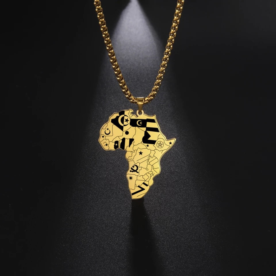 Africa Map Black/Gold W/ National Flags Nacklace