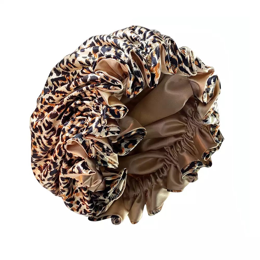 Leopard Print Double Layer Silk Bonnet W/ Adjustable Elastic Band