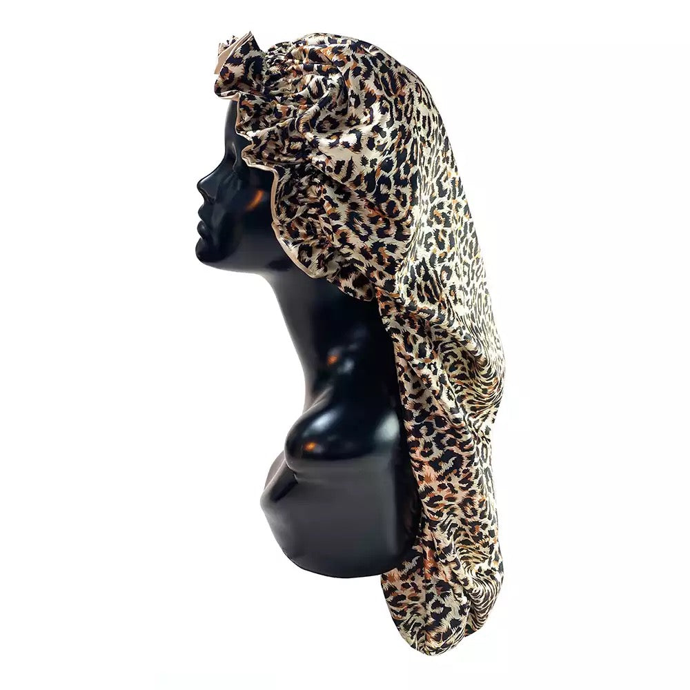 Leopard Print Double Layer Silk Bonnet W/ Adjustable Elastic Band