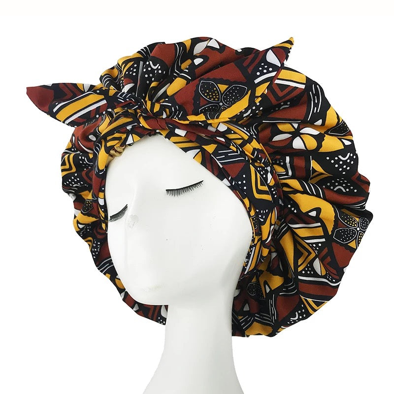 African Ankara Pattern Satin Lined Bonnet W/Long Ribbon Headband