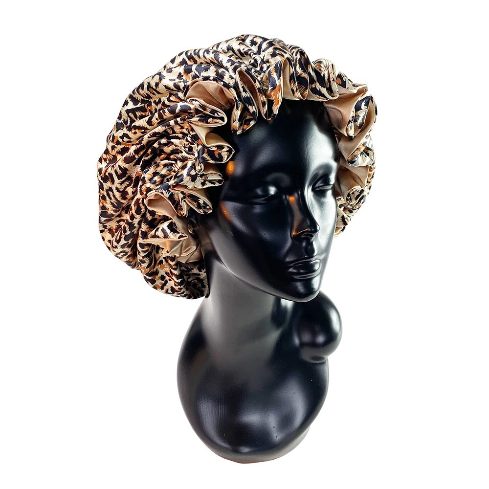 Leopard Print Double Layer Silk Bonnet W/ Adjustable Elastic Band