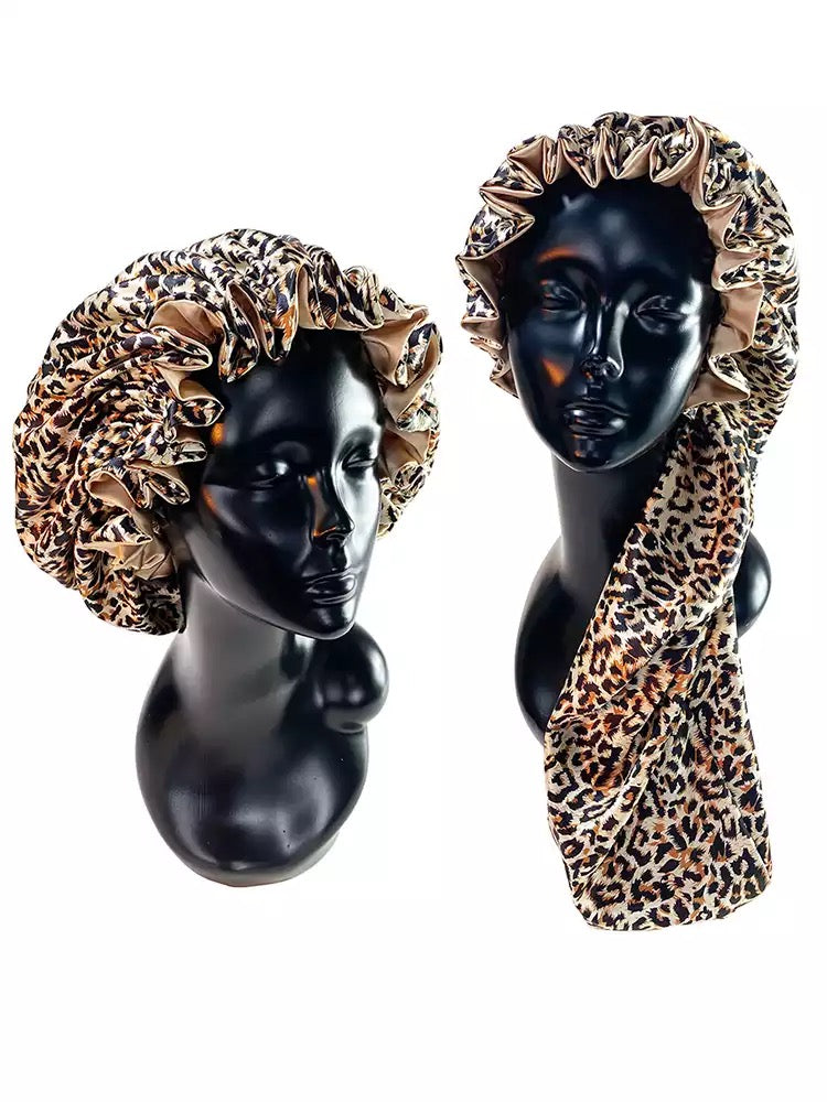 Leopard Print Double Layer Silk Bonnet W/ Adjustable Elastic Band